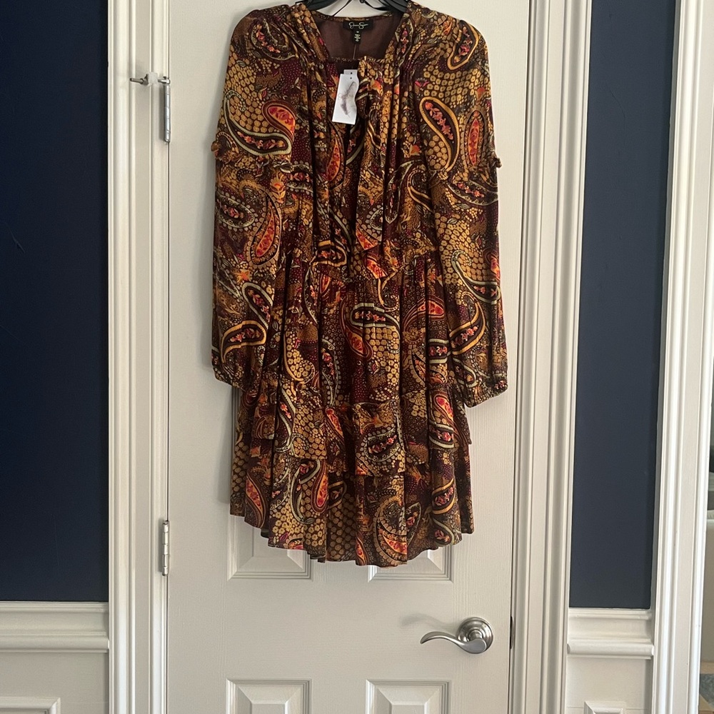 Jessica Simpson Long Sleeve Paisley Dress in Brown and Orange